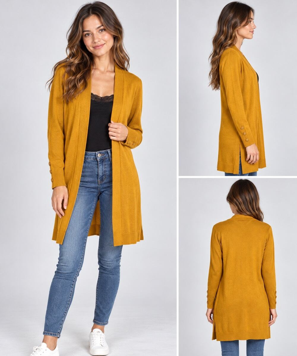JM Collection Womens Cardigan Sweater Duster Laced Cuff Open Mustard 0 Petite